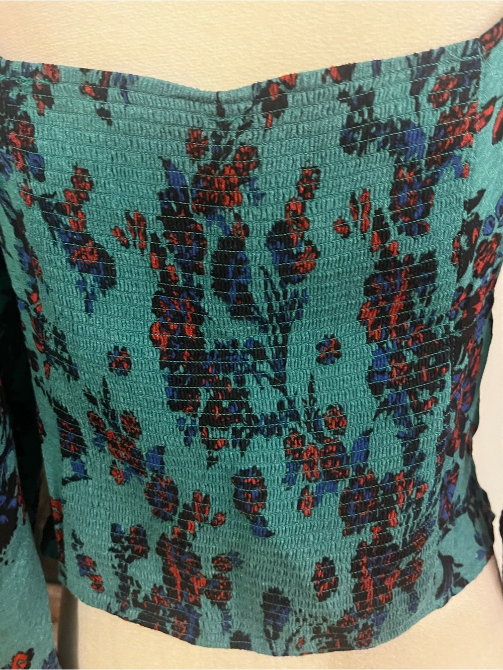 Free People Teal Floral Square-Neck Long Sleeve Blouse - Picture 6 of 6